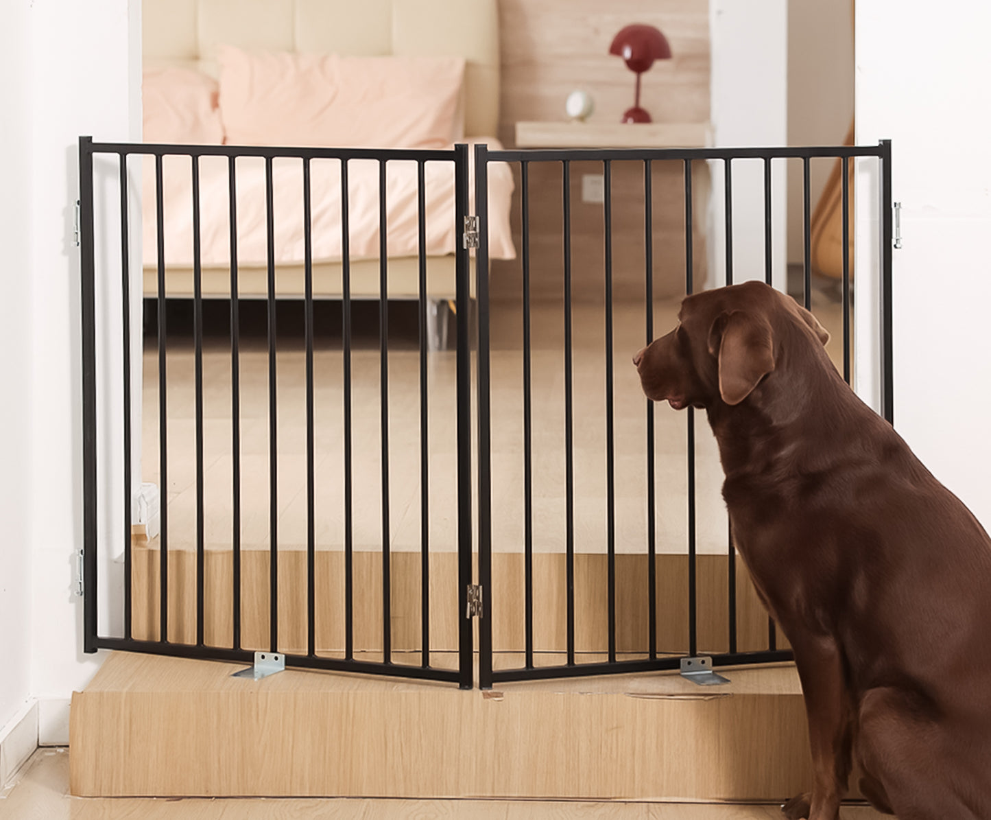 No Pawblems Dog Gate with Door, 30" Tall Foldable Dog Fence, Up to 104" Extra Wide Puppy Gate for Stairs