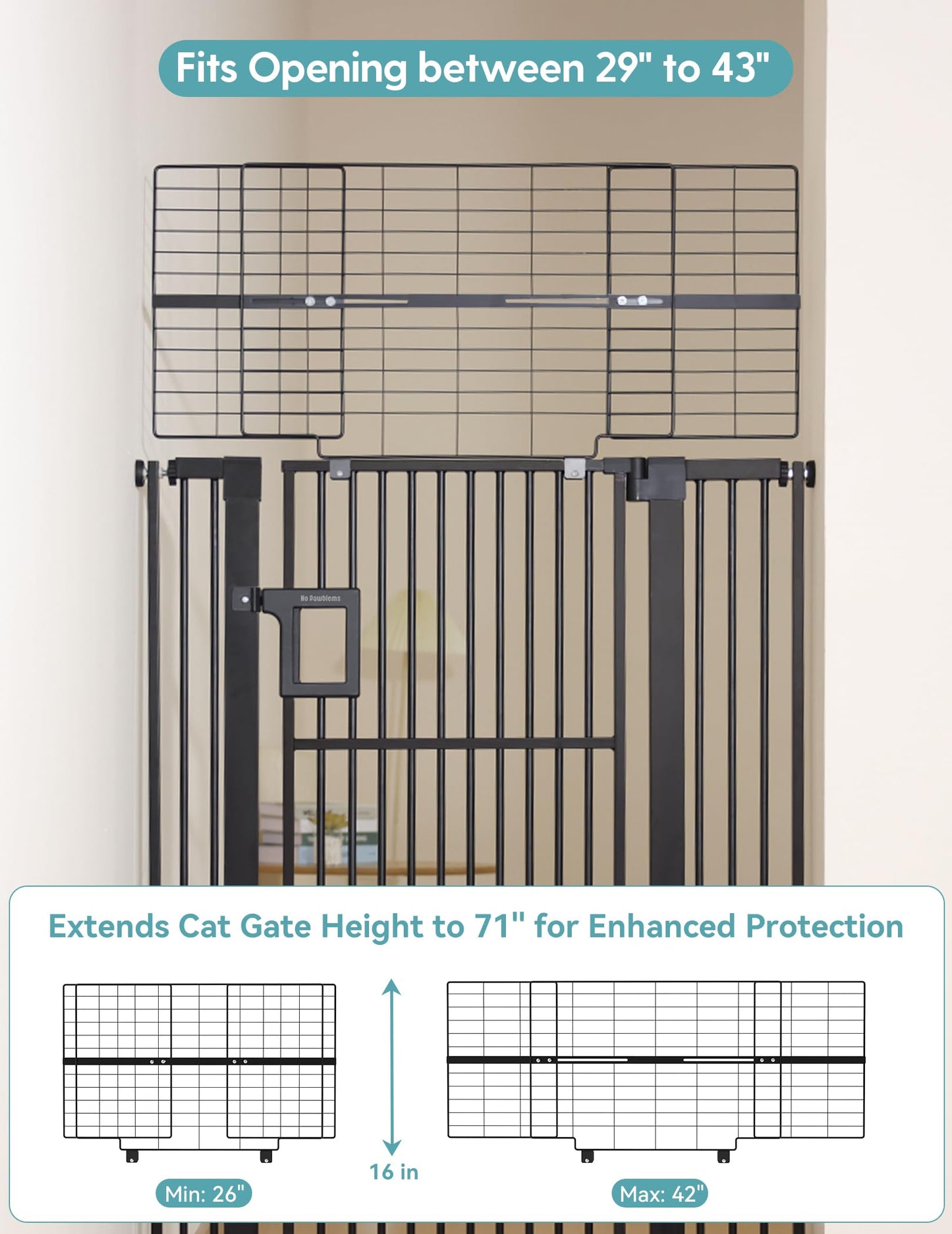 No Pawblems Upgraded 71" Extra Tall Pet Gate for Cat, 29-43" Auto Close Cat Gate | NO Drilling Pressure Mounted