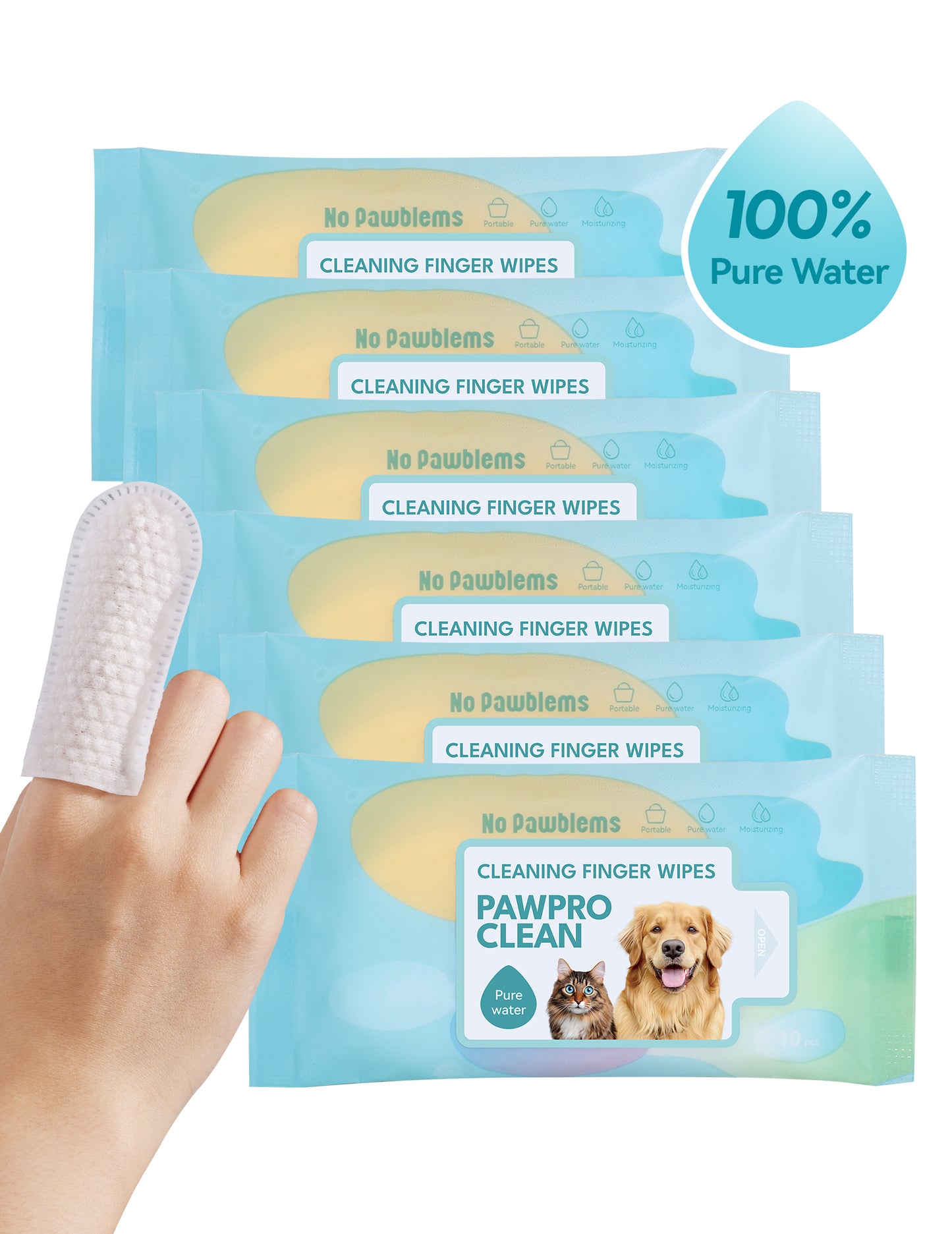 Clean Dog Finger Wipes - 10 Pack, Pure Water Formula, Ideal for Pet Grooming, Safe for Dogs & Cats
