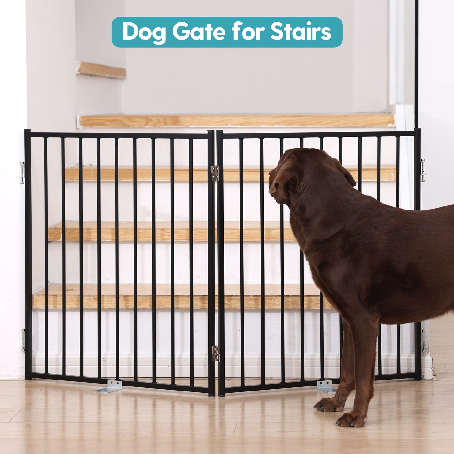 No Pawblems Dog Gate with Door, 30" Tall Foldable Dog Fence, Up to 104" Extra Wide Puppy Gate for Stairs