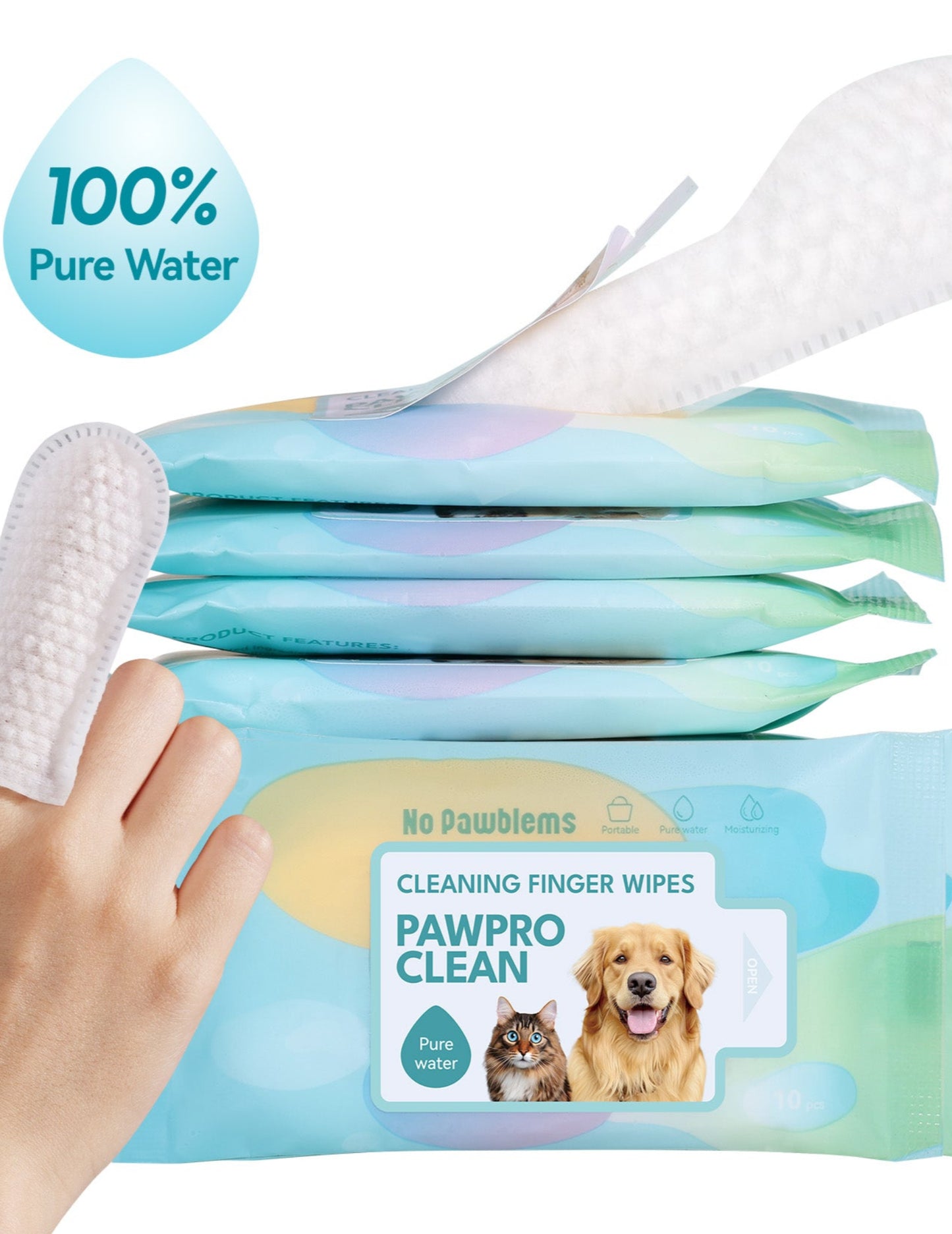 Clean Dog Finger Wipes - 10 Pack, Pure Water Formula, Ideal for Pet Grooming, Safe for Dogs & Cats