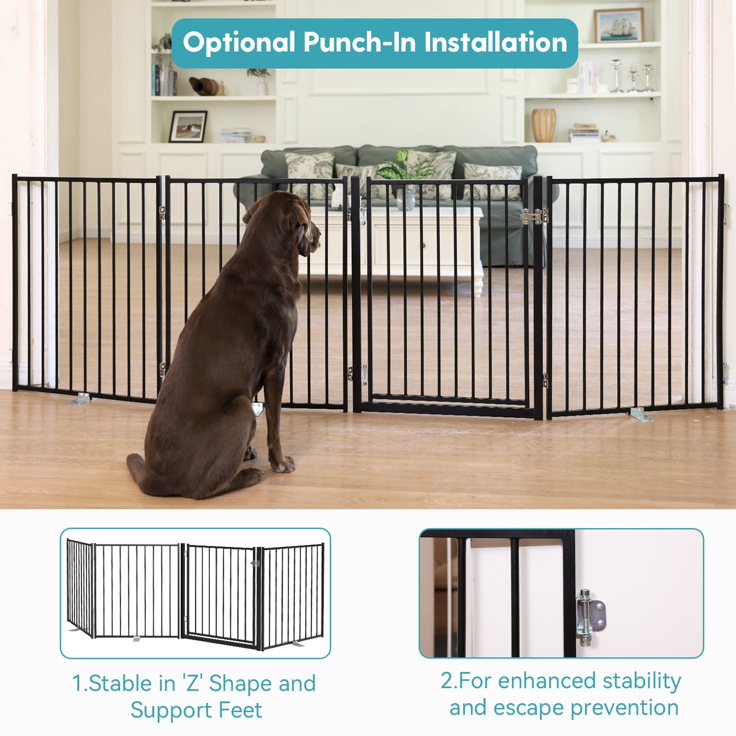 No Pawblems Dog Gate with Door, 30" Tall Foldable Dog Fence, Up to 104" Extra Wide Puppy Gate for Stairs