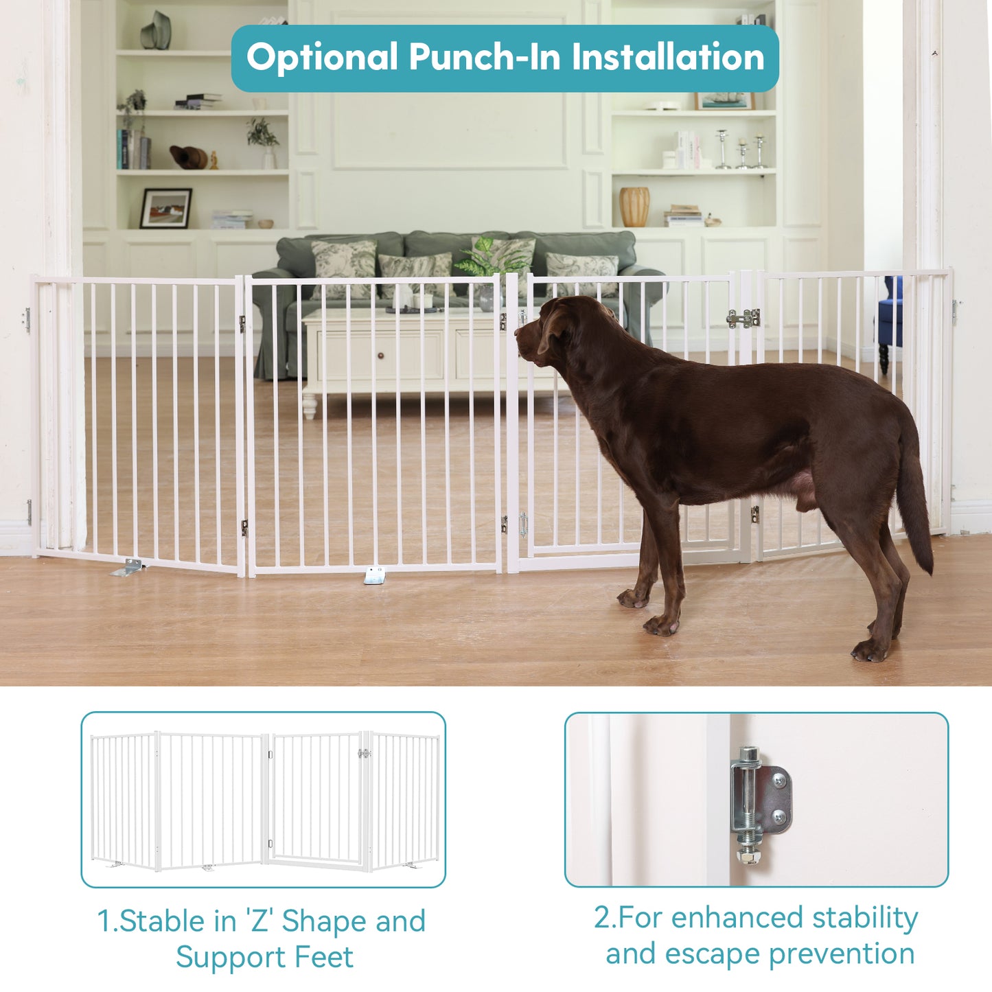 No Pawblems Dog Gate with Door, 30" Tall Foldable Dog Fence, Up to 104" Extra Wide Puppy Gate for Stairs