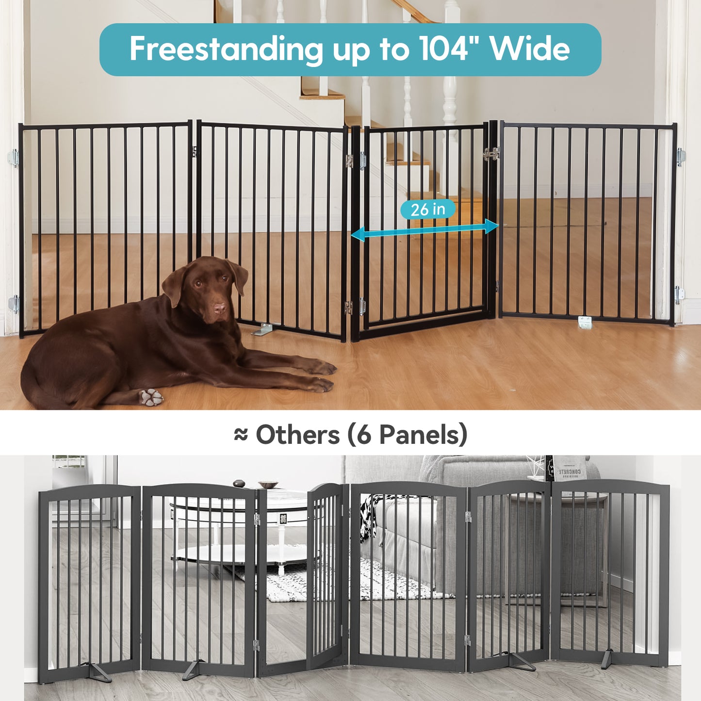 No Pawblems Dog Gate with Door, 30" Tall Foldable Dog Fence, Up to 104" Extra Wide Puppy Gate for Stairs