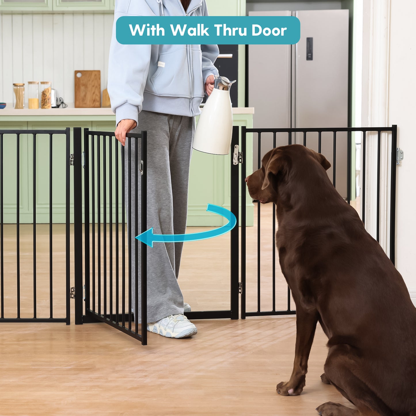 No Pawblems Dog Gate with Door, 30" Tall Foldable Dog Fence, Up to 104" Extra Wide Puppy Gate for Stairs