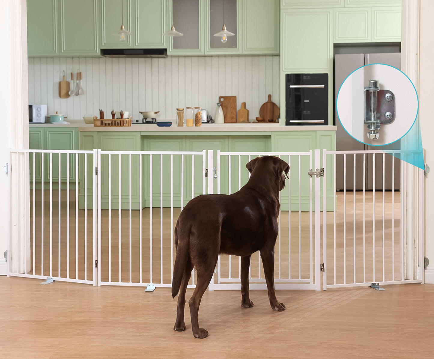 No Pawblems Dog Gate with Door, 30" Tall Foldable Dog Fence, Up to 104" Extra Wide Puppy Gate for Stairs