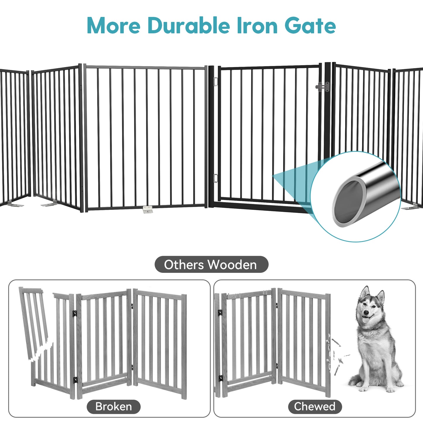 No Pawblems Dog Gate with Door, 30" Tall Foldable Dog Fence, Up to 104" Extra Wide Puppy Gate for Stairs
