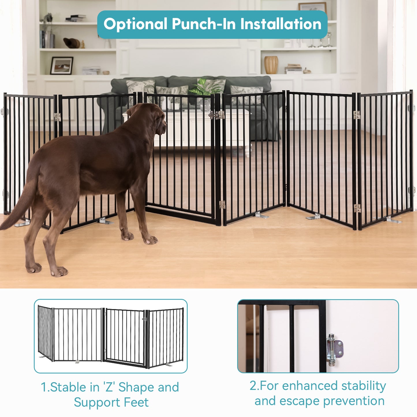 No Pawblems Dog Gate with Door, 30" Tall Foldable Dog Fence, Up to 104" Extra Wide Puppy Gate for Stairs