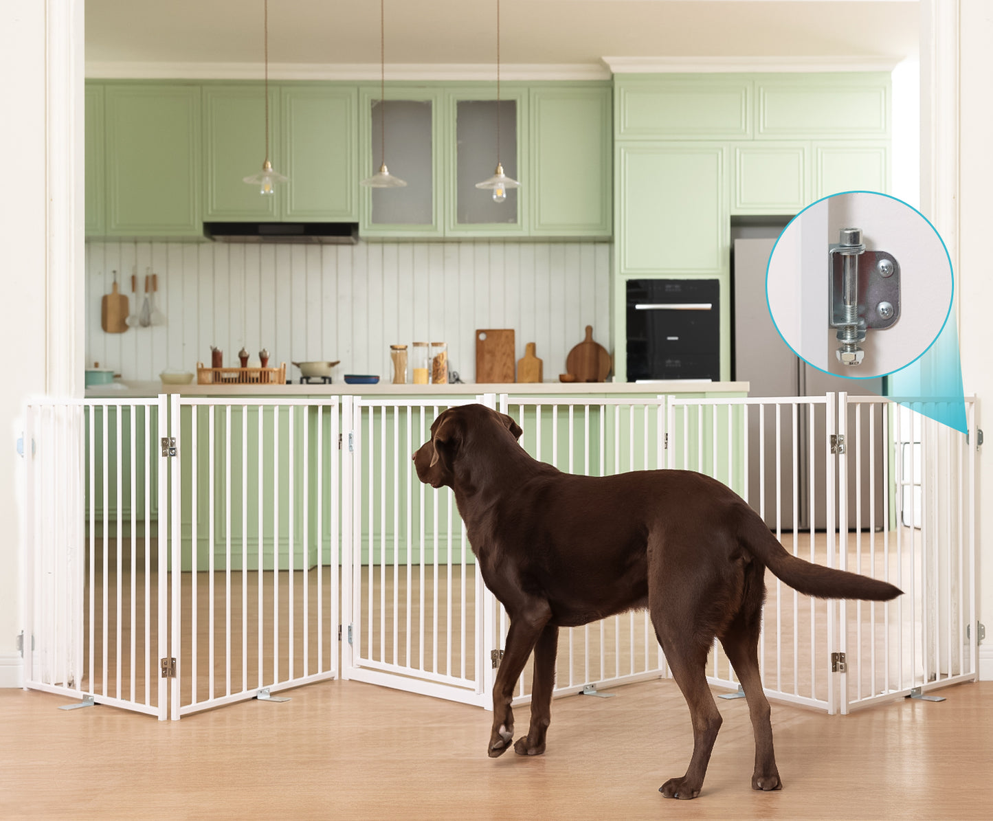 No Pawblems Dog Gate with Door, 30" Tall Foldable Dog Fence, Up to 104" Extra Wide Puppy Gate for Stairs