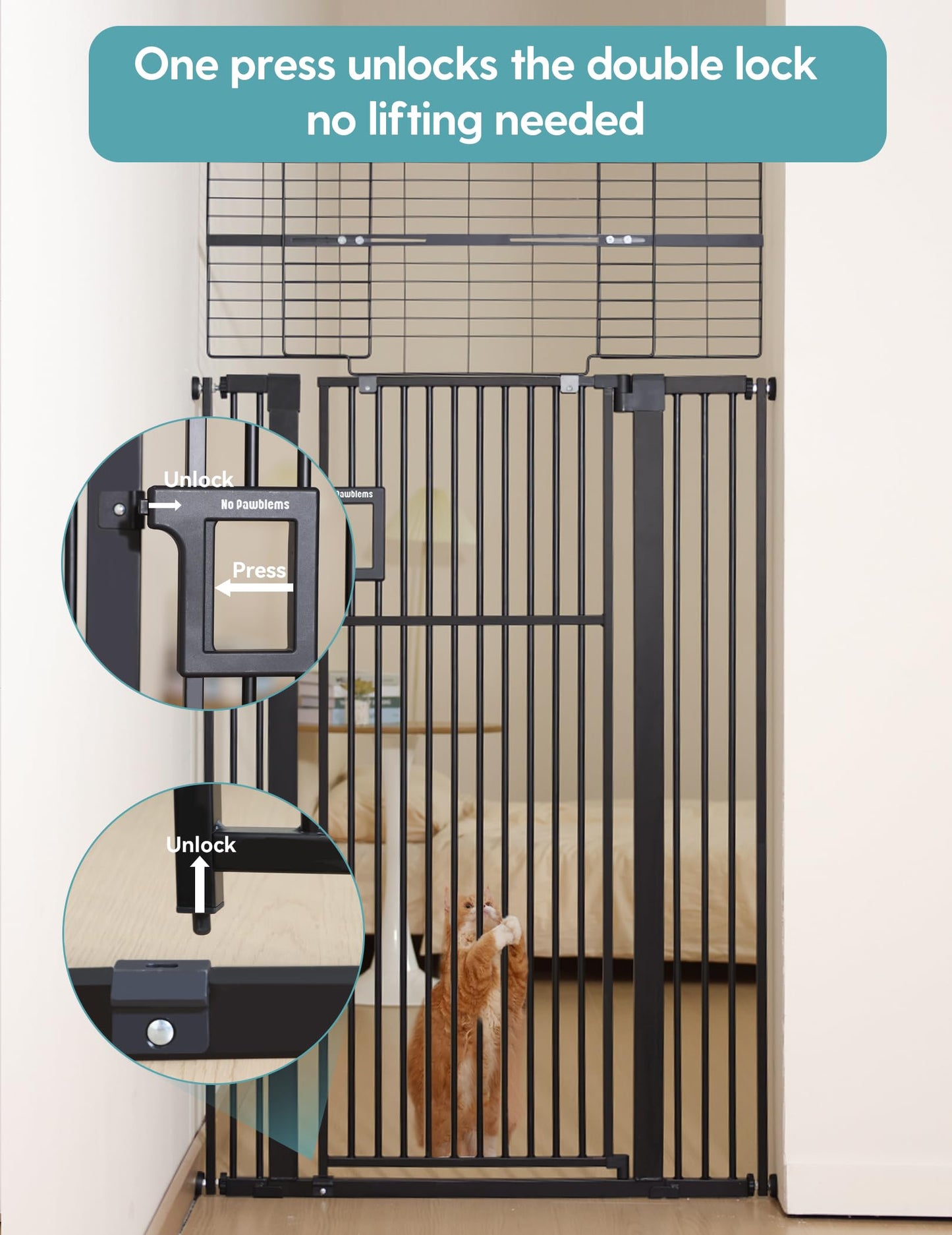 No Pawblems Upgraded 71" Extra Tall Pet Gate for Cat, 29-43" Auto Close Cat Gate | NO Drilling Pressure Mounted